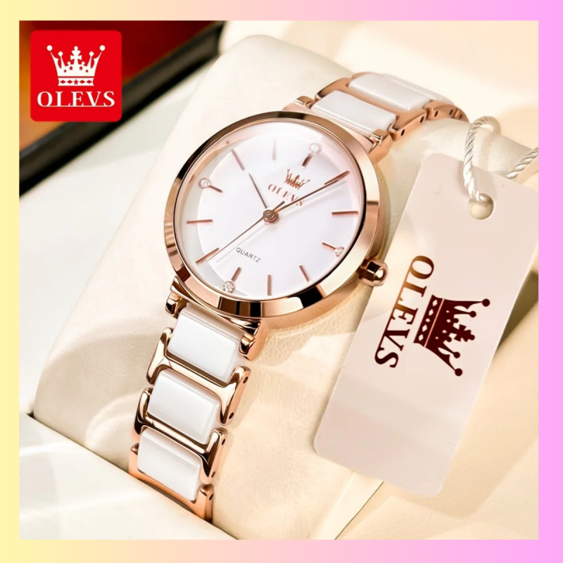 olevs 5877 white ceramic watch for ladies fashion