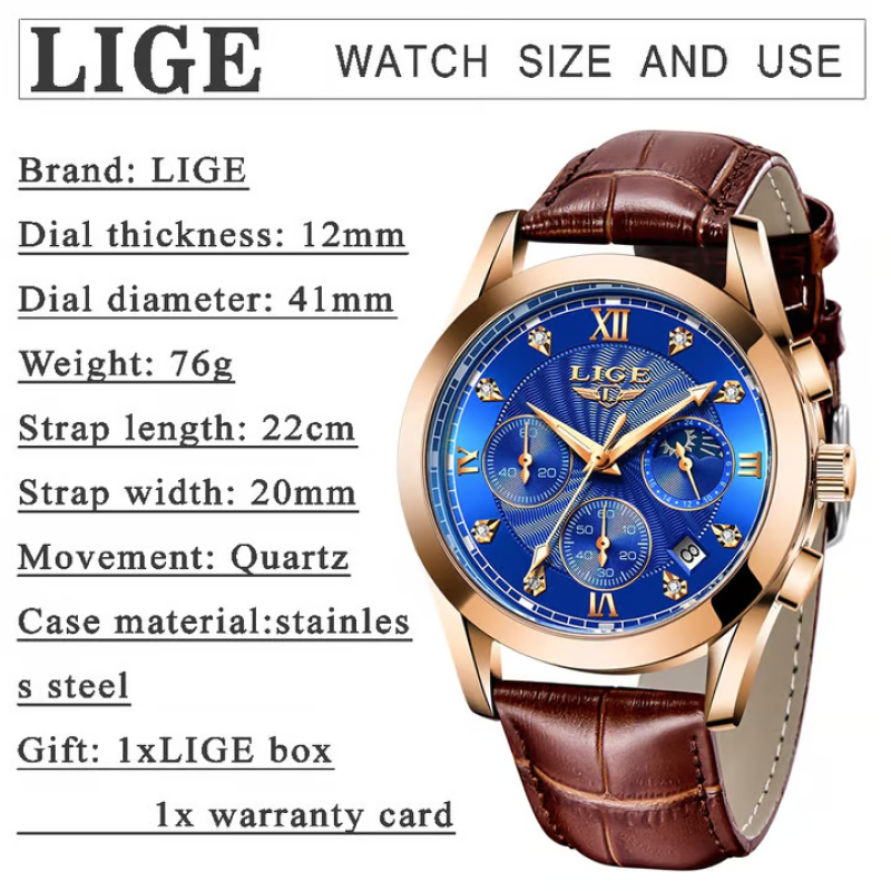 lige waterproof leather belt watch for men