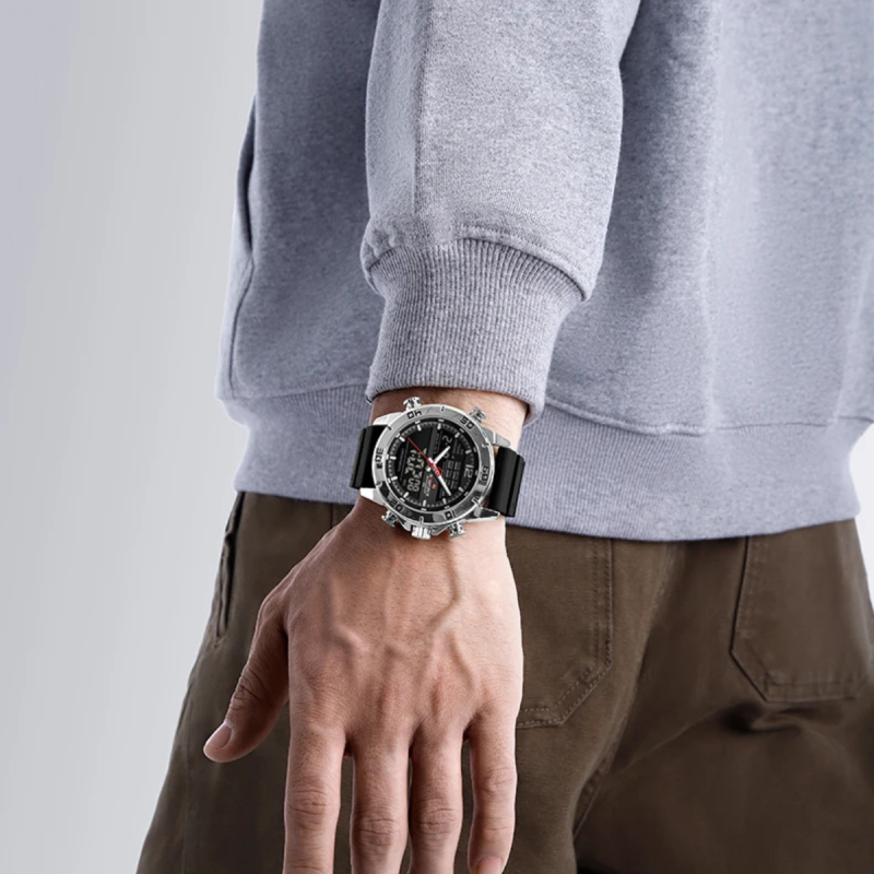 Naviforce-9253 black and silver sports watch