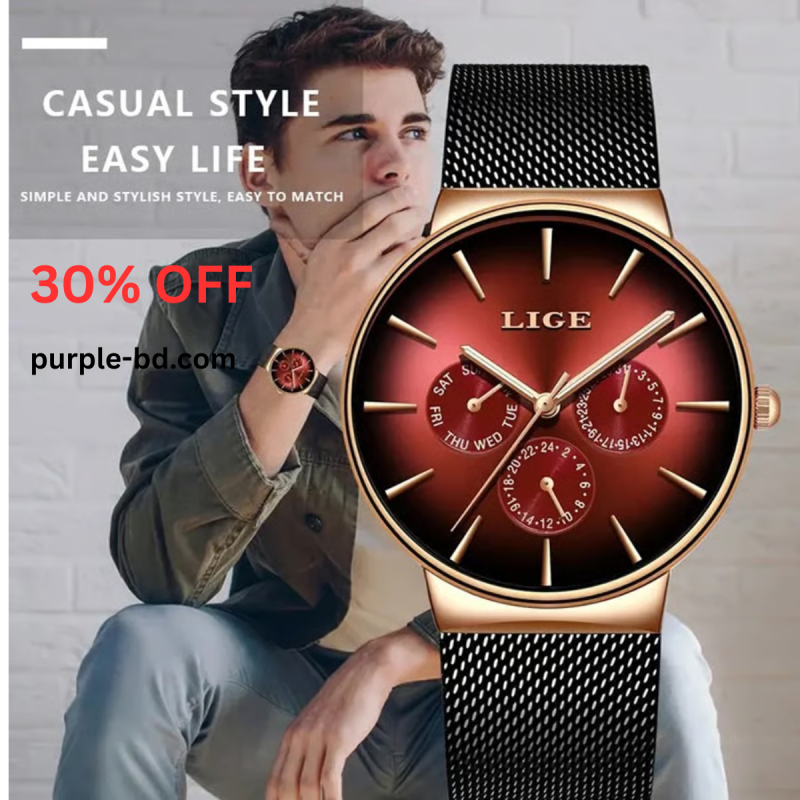thin dial pad lige waterproof stainless steel watch for men