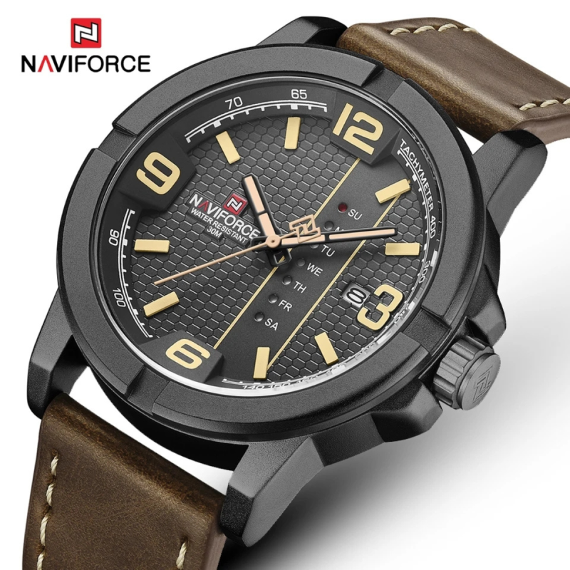 naviforce 9177 leather belt watch with full week display