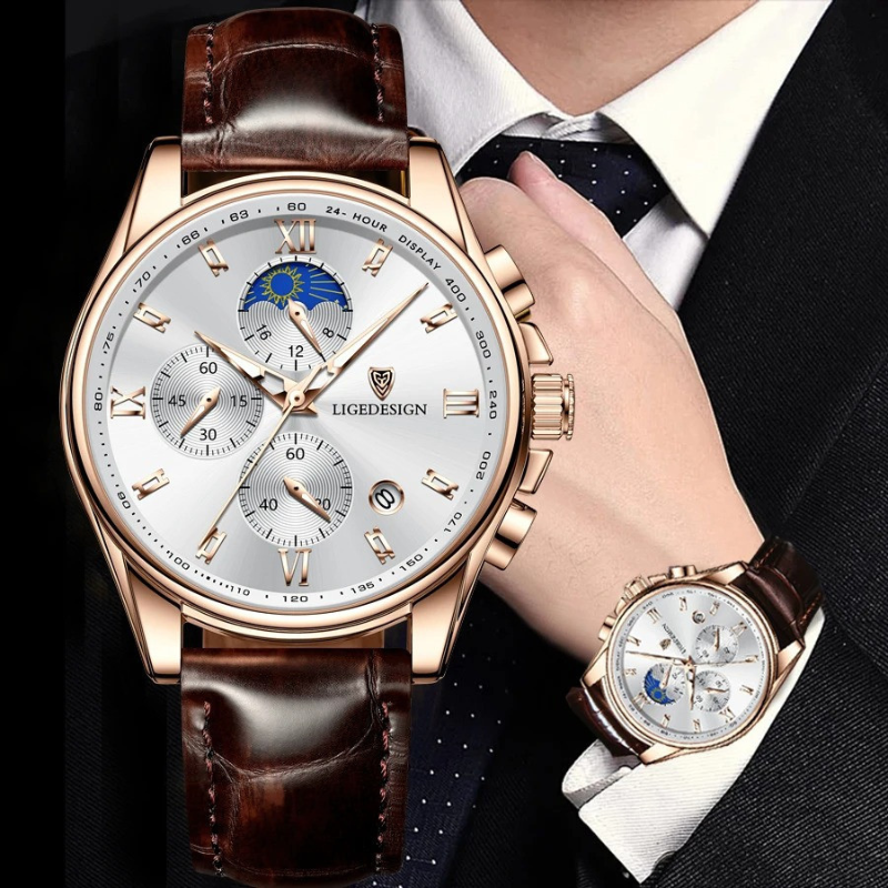 8951 Soft leather Business Date Clock Waterproof Luminous Watch