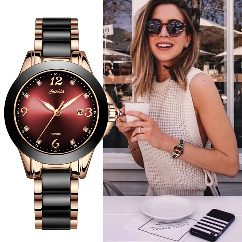 lige ceramics waterproof ladies watch with calendar