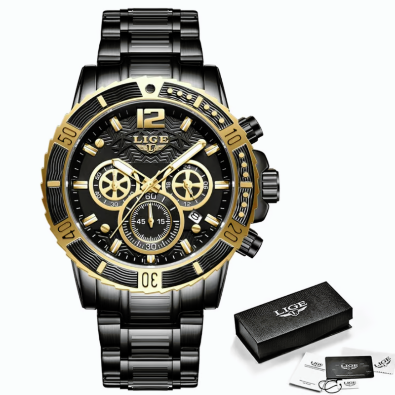 lige-8990 black golden luxury watch for men
