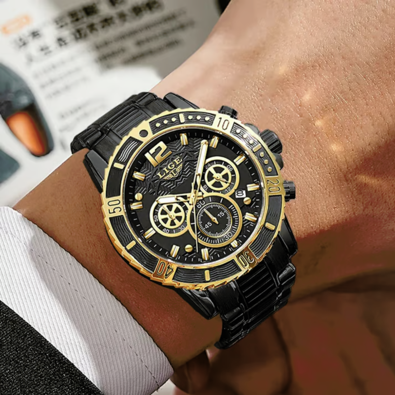 lige-8990 black golden luxury watch for men