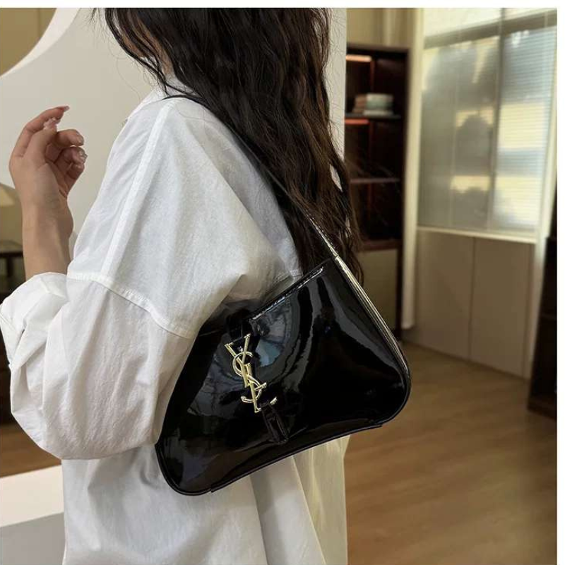glossy black leather bag for ladies