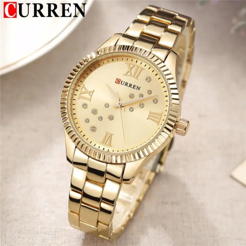 curren 9009 fashionable golden watch for ladies
