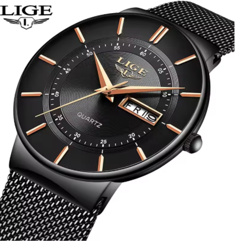 Lige-9949  ultra thin black watch