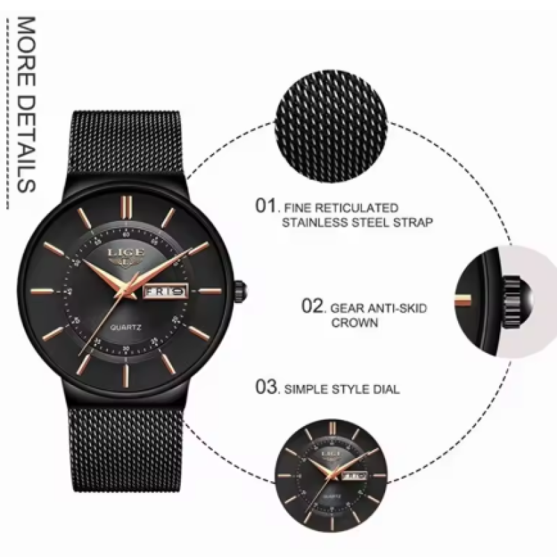 Lige-9949  ultra thin black watch