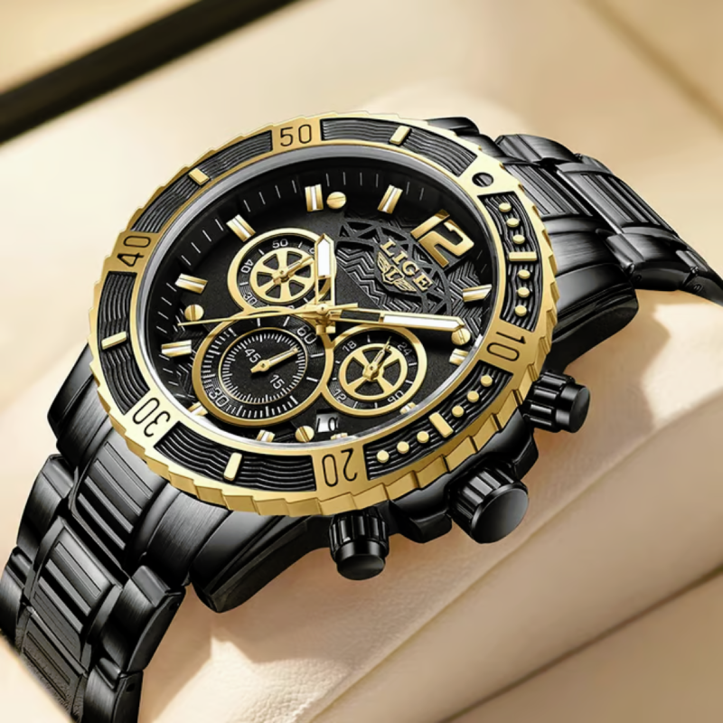 lige-8990 black golden luxury watch for men