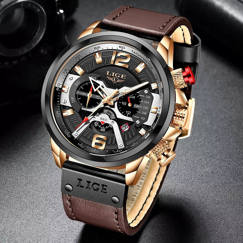 Lige genuine leather sports watch for men
