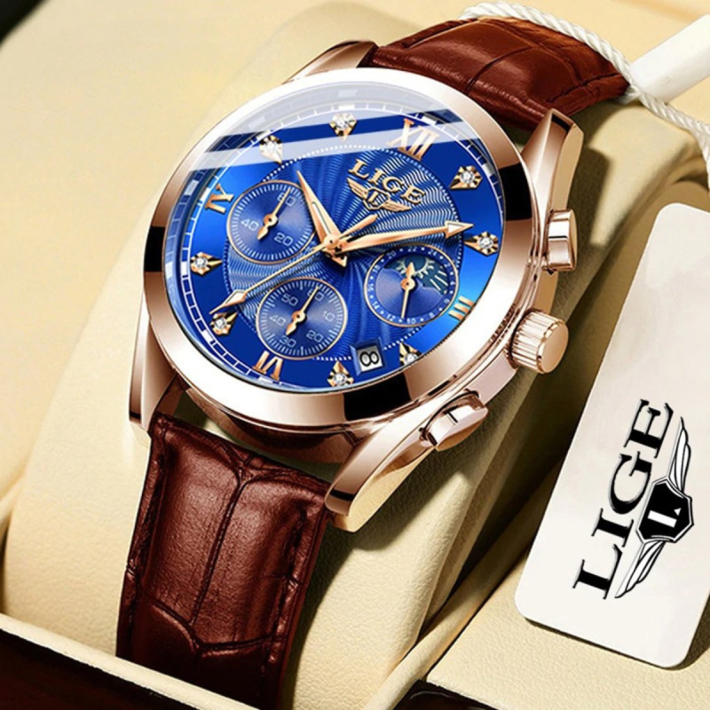 lige waterproof leather belt watch for men