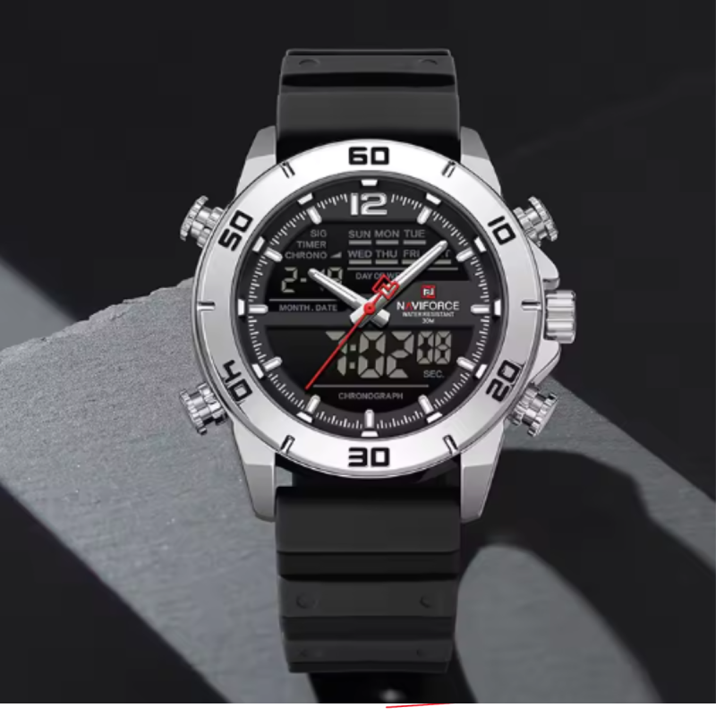 Naviforce-9253 black and silver sports watch
