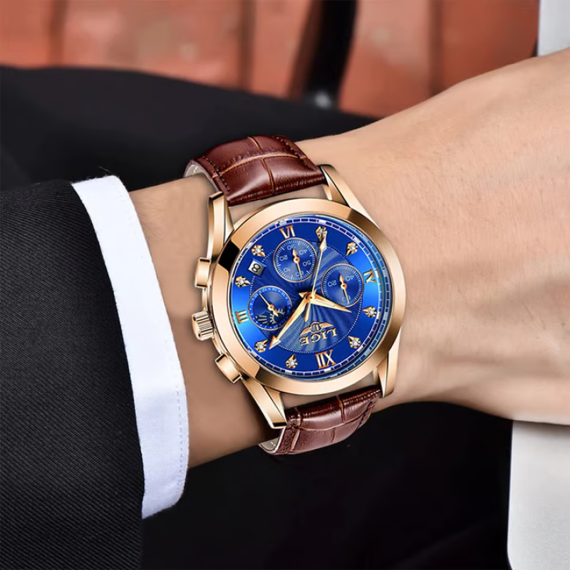 lige waterproof leather belt watch for men