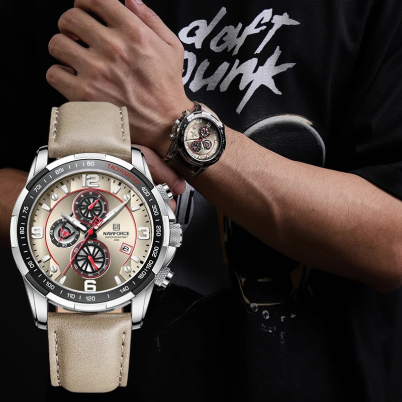 naviforce leather belt chronograph watch for men